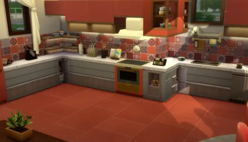 Kuchnia z czerwonymi szafkami i płytkami. W tle okno. Można tu wprowadzić kody na debug the Sims 4, by dodać więcej detali.