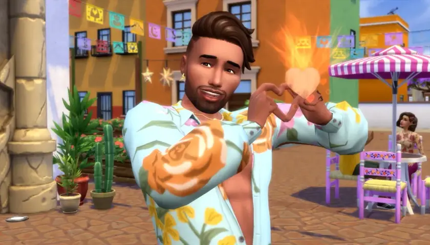 Sympatyczny Sim z gry **Woohoo Sims 4** tworzy serce z dłoni, emanując radością i miłością na tle kolorowej uliczki.