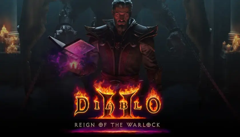 Mroczny mag z księgą zaklęć i płonącymi dłońmi, zapowiadający Diablo 2 Resurrected PS5.