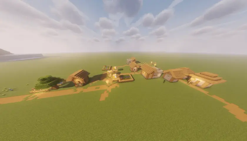 Wioska w Minecraft z drewnianymi domkami i polami uprawnymi. W tle widać wzgórza i wodę. To wszystko dzięki modowi ferrite core.