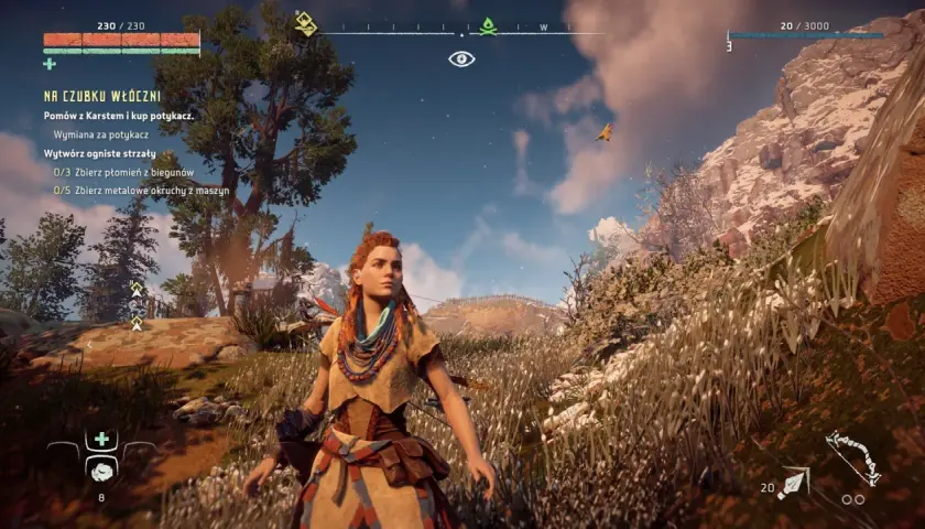 Aloy w Horizon Zero Dawn PC przemierza malowniczy świat, zbierając zasoby i walcząc z maszynami.