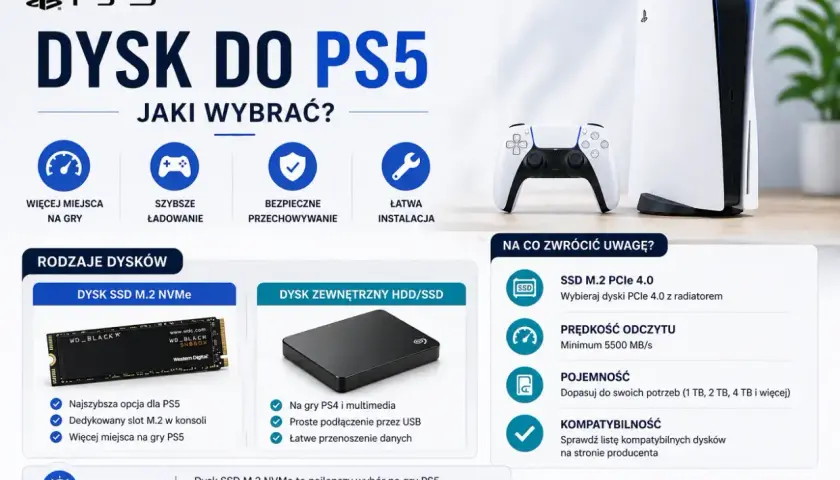 Porównanie dysków do PS5: szybki dysk SSD M.2 NVMe dla gier PS5 i dysk zewnętrzny HDD/SSD na PS4.
