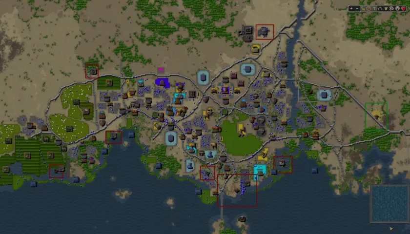Mapa strategiczna z gry Songs of Syx. Widoczna rozbudowana osada z budynkami, drogami i zasobami, otoczona wodą i terenami zielonymi.