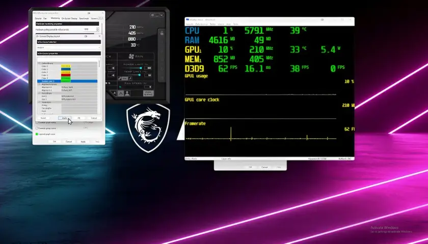 Test karty graficznej w MSI Afterburner. Widoczne parametry CPU, RAM, GPU, temperatury i taktowania.
