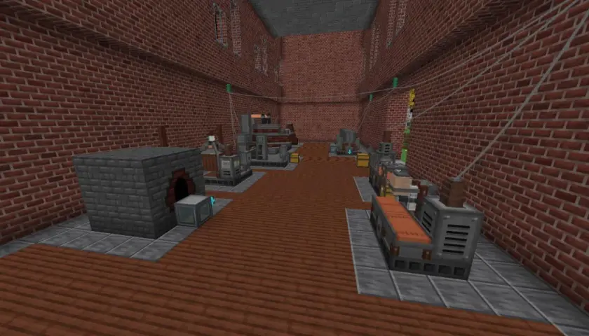 Wnętrze fabryki z maszynami i piecami, tworzące systemy do **immersive engineering**.