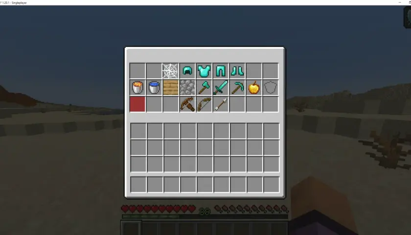Ekwipunek gracza Minecraft: diamentowa zbroja, miecz, kilof, łuk, strzały i złote jabłko. Idealny zestaw na lepsze PvP.