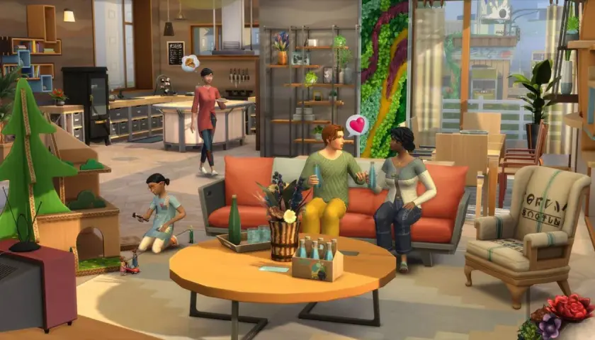 Rodzina w The Sims 4 cieszy się wspólnym czasem. Dziecko bawi się zabawkami, para rozmawia na kanapie, a mama przygotowuje posiłek. To idealny moment, by użyć kod na awans!