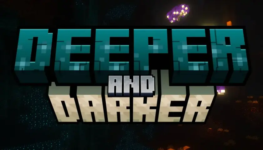 Napis "DEEPER AND DARKER" w stylu Minecraft, otoczony mrocznym, podziemnym krajobrazem z świecącymi grzybami.