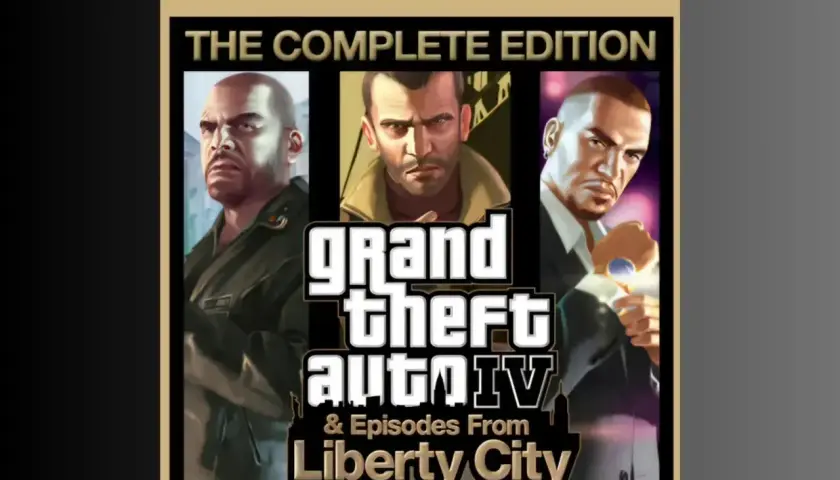 Okładka GTA 4 Complete Edition na PS5 z Niko, Johnny'm i Luisem.