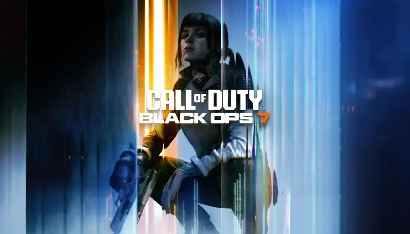 Kobieta w futurystycznym stroju z bronią, logo Call of Duty Black Ops 7.