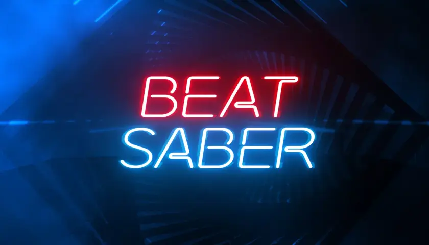 Neonowy napis "BEAT SABER" w czerwonych i niebieskich barwach, idealny do gry na PS5.