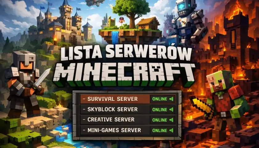 Lista serwerów Minecraft: Survival, Skyblock, Creative i Mini-Games. Bohaterowie w zbrojach i potwory w tle.