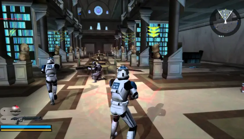 Żołnierze galaktyczni w grze Battlefront 2 PS5 walczą w bibliotece pełnej posągów i książek.