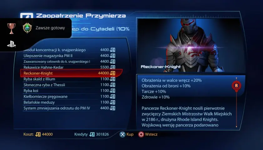 Pancerz Reckoner-Knight z Mass Effect 3, kosztujący 44000 kredytów, zwiększa obrażenia w walce wręcz i od broni, a także tarcze i zdrowie.