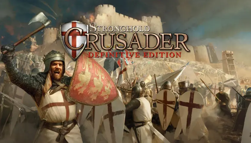 Bitwa pod murami twierdzy, rycerze w zbrojach i z tarczami z krzyżami. Tytuł: Stronghold Crusader Definitive Edition.
