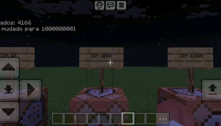 W Minecraft, komenda na dzień pozwala na zmianę czasu gry. Widać tu znaki "Dzień 40", "Dzień 4000" i "Dzień 41000".