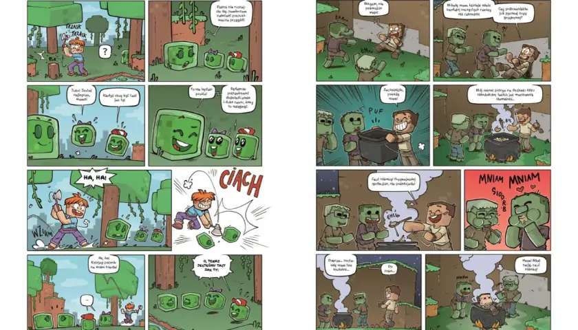 Postacie z Minecrafta: Creepery uczą się od mamy, jak być groźne, a Steve gotuje zupę dla zombie.