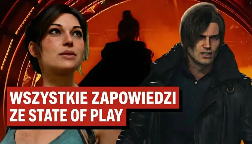 Zapowiedzi ze State of Play: zbliżenie na twarze postaci z gry, w tle czerwona poświata.