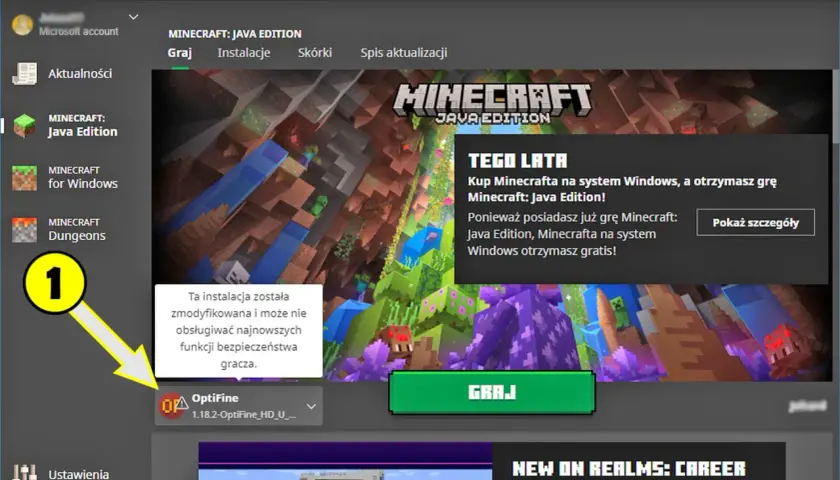 Minecraft Launcher z zainstalowanym OptiFine 1.18.2. Widoczna jest informacja o modyfikacji instalacji i ostrzeżenie.