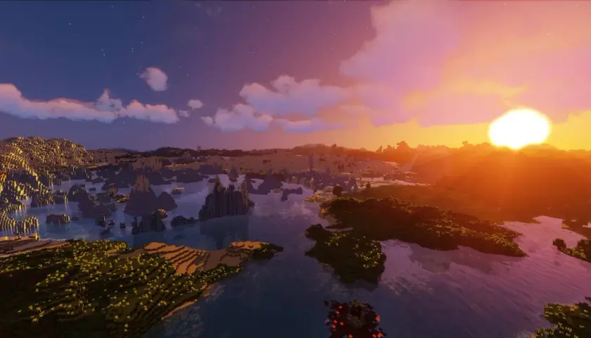 Zachód słońca nad wodą i wyspami, z chmurami i gwiazdami na niebie, dzięki Sildurs Vibrant Shaders.