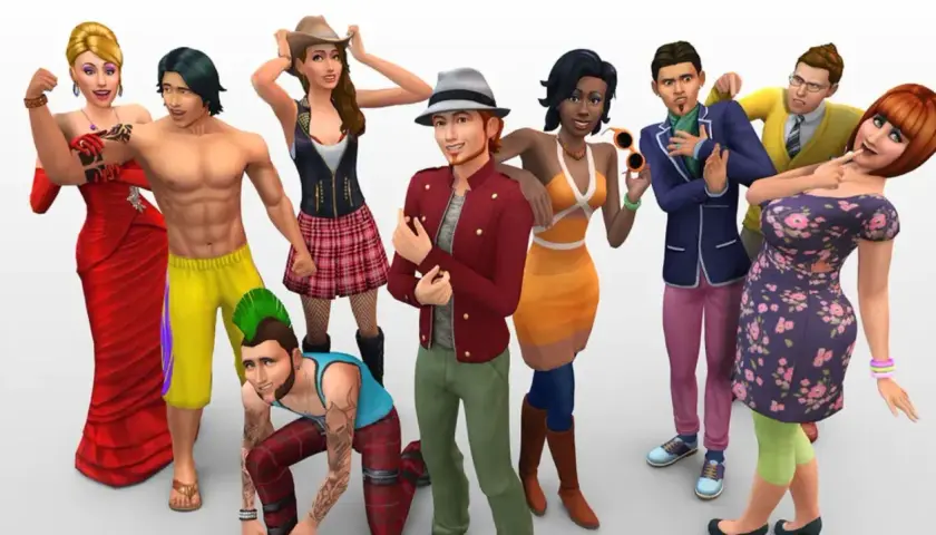 Grupa Simów w różnorodnych strojach, idealna inspiracja do pobierania modów do The Sims 4.