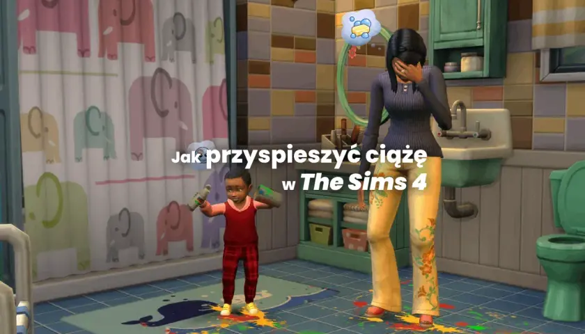 W The Sims 4, dziecko maluje łazienkę, a mama zasłania twarz. Jak przyspieszyć ciążę?