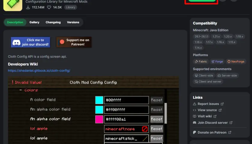 Pobierz Cloth Config API, bibliotekę konfiguracji dla modów Minecraft. Strona zawiera opcje pobierania i informacje o kompatybilności.