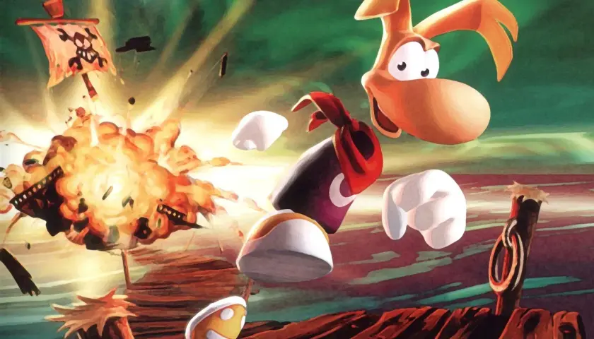 Rayman 2: wesoła eksplozja na pirackim statku, bohater unosi się w powietrzu.