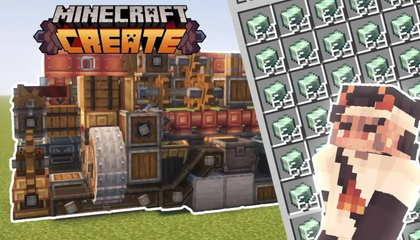 Złożona maszyna z Minecraft Create mod, pełna zębatek i skrzyń, obok postaci z gry i stosu zielonych przedmiotów.