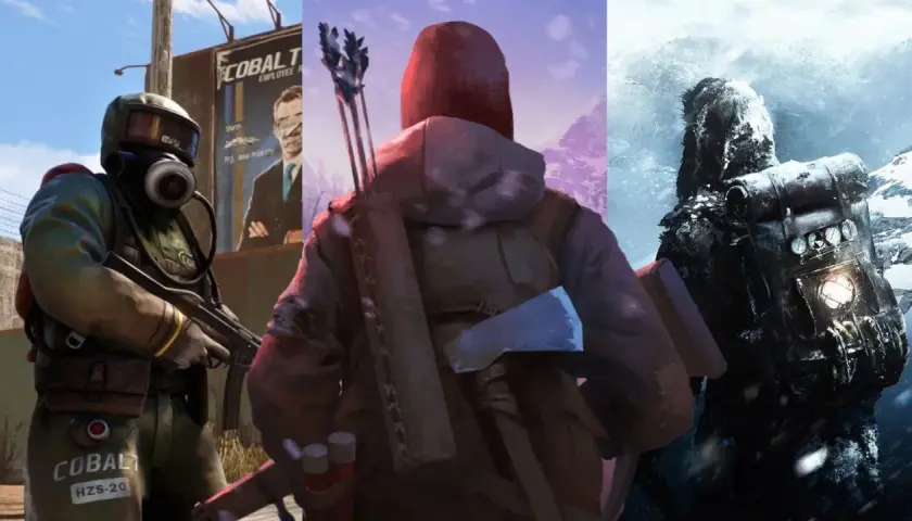 Trzy postacie w postapokaliptycznych strojach, gotowe do walki i przetrwania. Idealne dla fanów **gry survival multiplayer**.