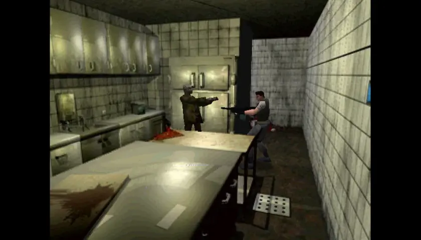 W tej scenie z fajnych gier horror, bohater z bronią mierzy do zombie w opuszczonej kuchni.