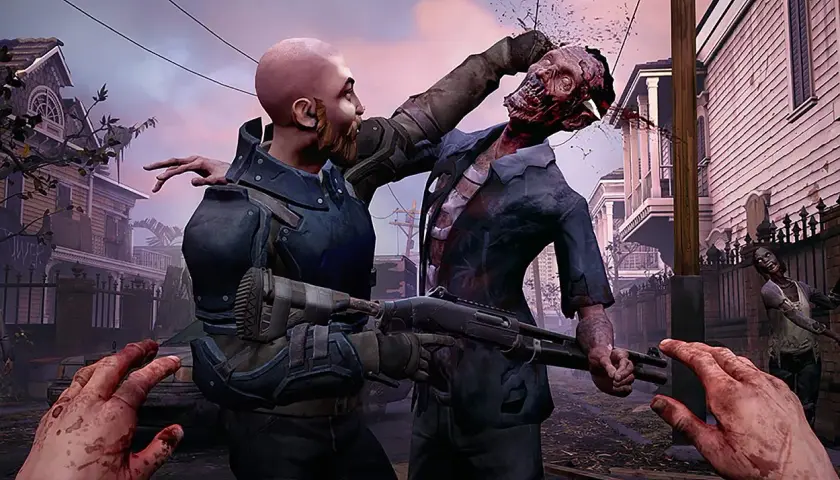 Intensywna gra o zombie: człowiek walczy z potworem, strzelba w dłoni, krew tryska. Inne zombie w tle.