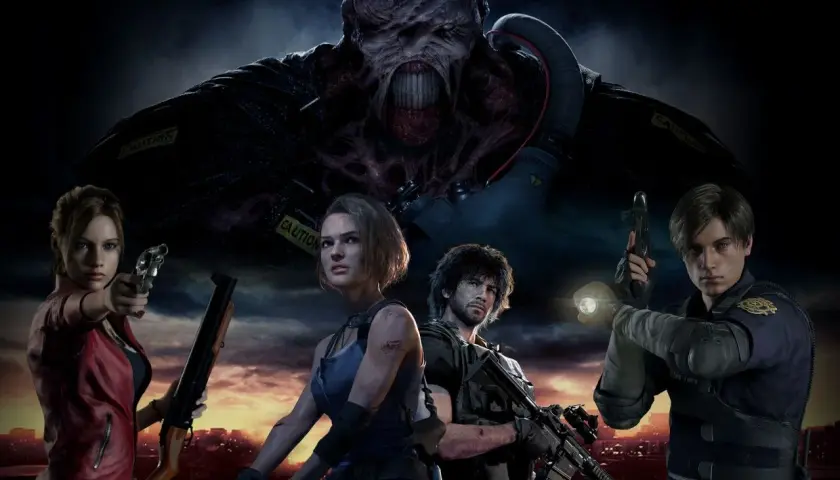 Claire, Jill, Carlos i Leon z Resident Evil walczą z Nemesis na tle zniszczonego miasta.