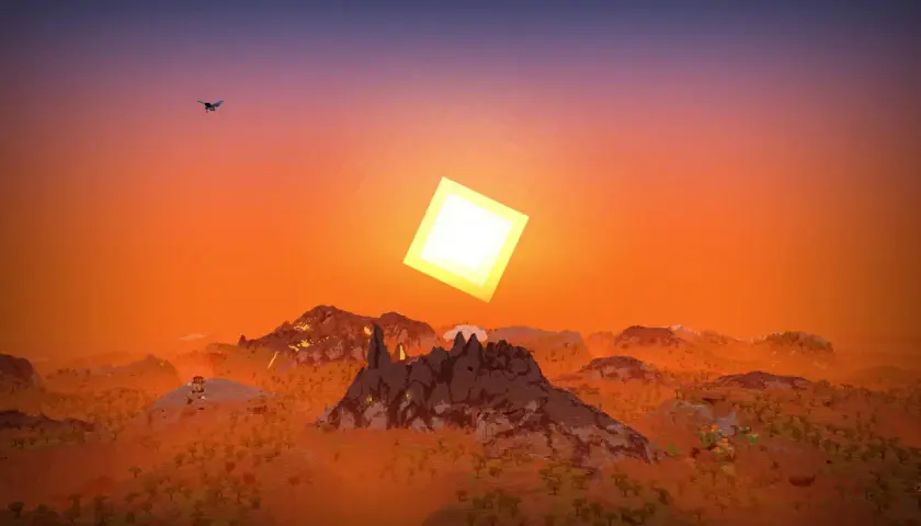 Krajobraz z gry komputerowej z widokiem na góry i pustynię, gdzie słońce świeci w sposób beyond belief shaders. Ptak leci na tle pomarańczowego nieba.