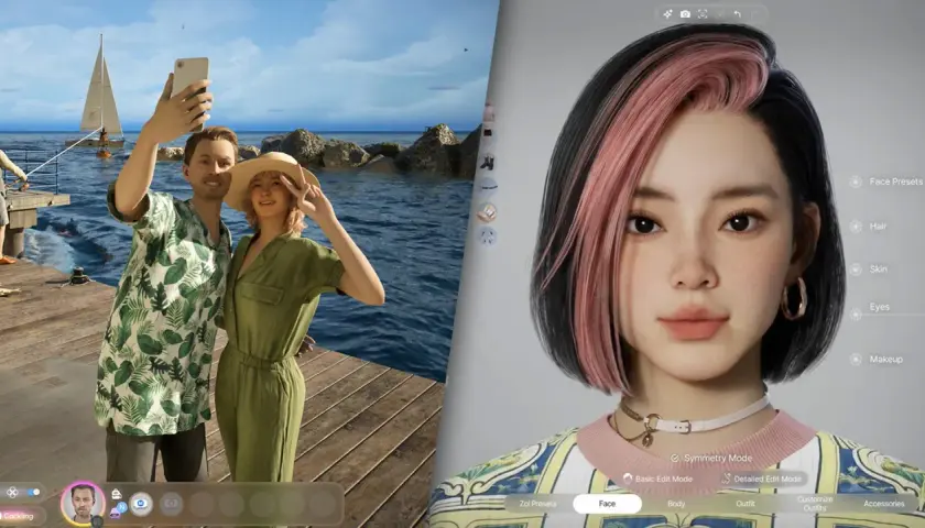 Para tworzy selfie na molo, obok widać interfejs edycji postaci, jak w Sims 4 na Steam.