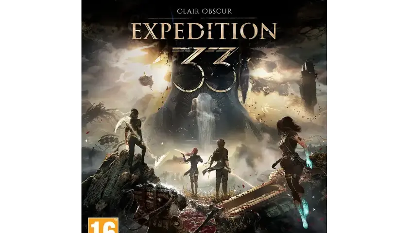 Okładka gry "Clair Obscur: Expedition 33" na PS5. Postacie w mrocznym, fantastycznym świecie.