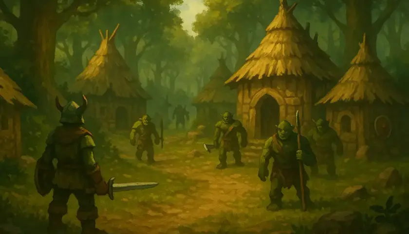 Wojownik staje naprzeciwko goblinów w ich leśnych chatkach. To niebezpieczne expowiska margonem.