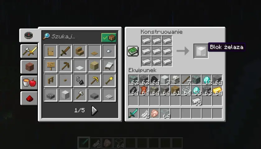 Gracz tworzy blok żelaza w grze Minecraft. W oknie "Konstruowanie" widać dziewięć sztabek żelaza, które po połączeniu dają blok.