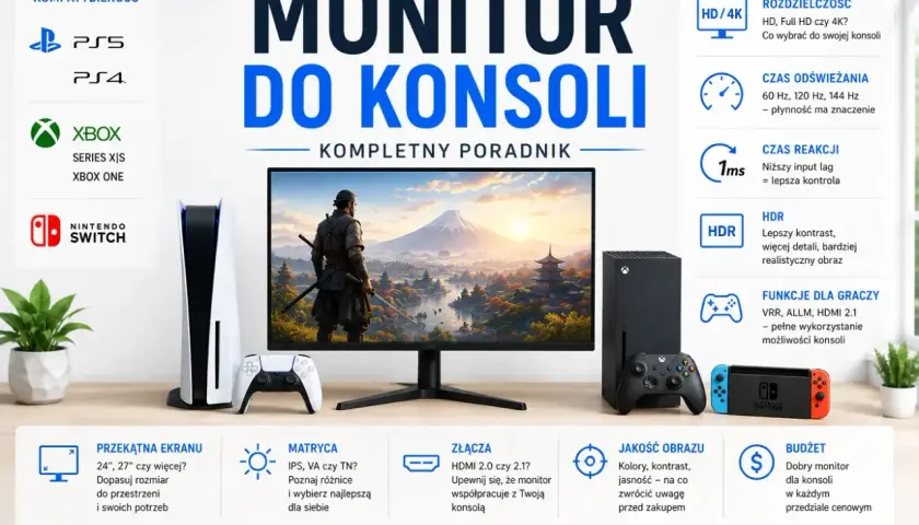 Konsola PlayStation 5 i Xbox Series X obok monitora z grafiką z gry, idealne do grania na konsoli.