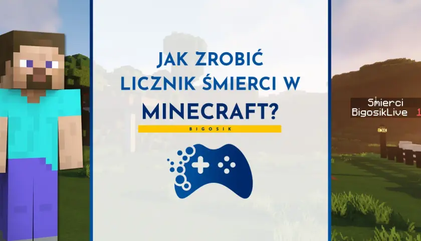 Steve z Minecrafta obok napisu "Jak zrobić licznik śmierci w Minecraft?". Po prawej stronie widać grę z licznikiem śmierci.