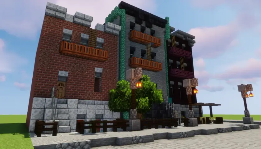 Budynki w stylu Minecraft, z cegły i kamienia, z balkonami i latarniami. Wspaniały przykład architectury mod.