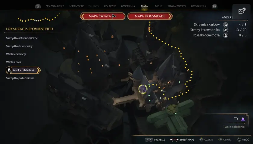 Mapa Hogwartu z zaznaczonymi płomieniami fiuu i listą zadań. Szukasz kluczy Dedala, by odblokować nowe lokacje.