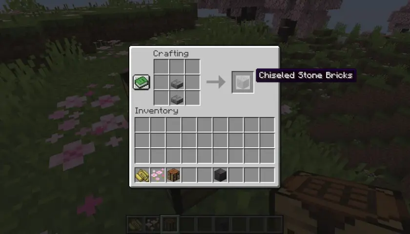 Jak zrobic kamienne cegły w MC: dwa kamienne bloki w crafting table tworzą rzeźbione kamienne cegły.