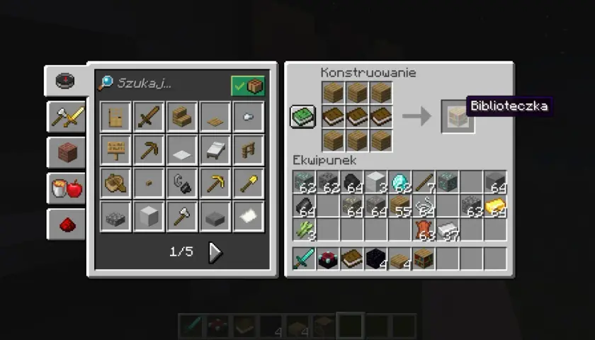 Jak zrobic pulpit w mc? Widać crafting z 6 desek i 3 książek, tworzący biblioteczkę.