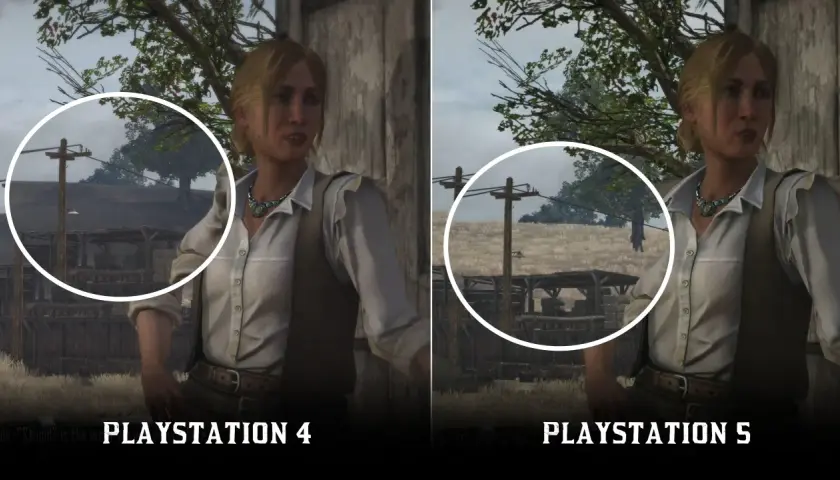 Porównanie grafiki Red Dead Redemption na PS4 i PS5. Kobieta w białej koszuli i kamizelce, na tle wiejskiego krajobrazu.
