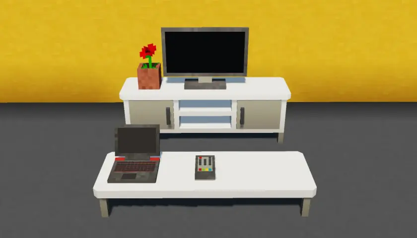 Nowoczesne meble z mrcrayfish's furniture mod: stolik RTV z telewizorem i kwiatkiem, oraz niski stolik z laptopem i pilotem.