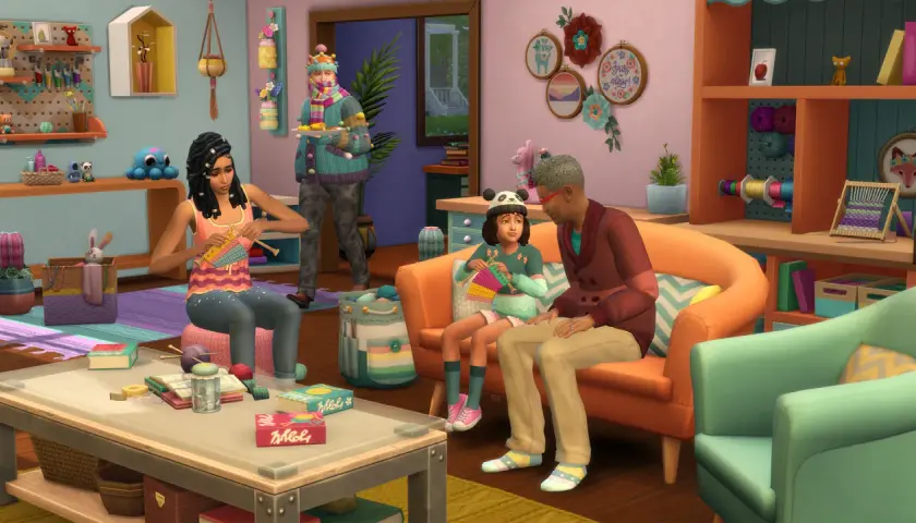 Rodzina rozwija swoje umiejętności w The Sims 4, dziergając i tworząc rękodzieło.