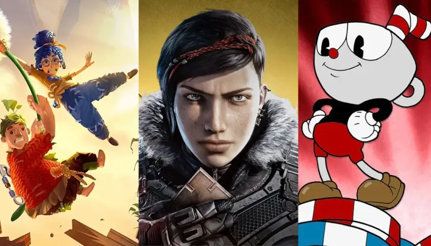Trzy gry: dwójka postaci z "It Takes Two" w locie, wojowniczka z Gears 5 i Cuphead. Idealne gry coop!