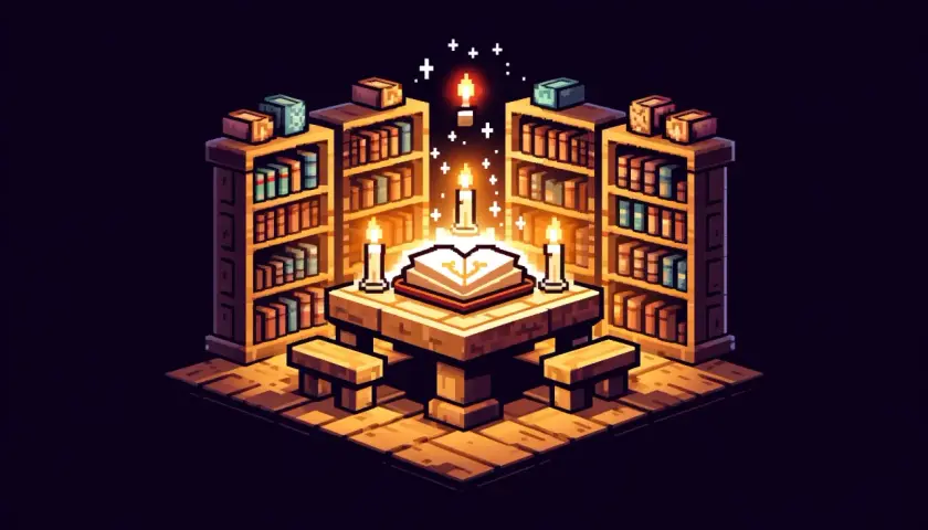 Magiczna biblioteka z otwartą księgą i świecami. Jak zrobic ksiazke z piorem w mc? Tu znajdziesz inspirację.