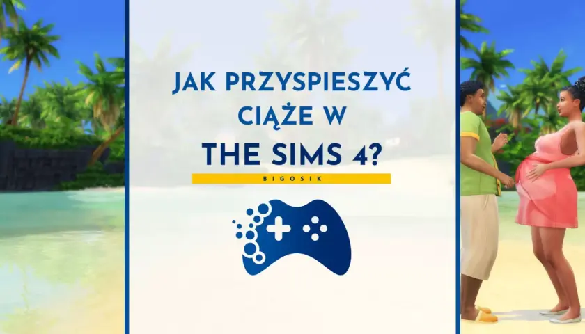 Jak przyspieszyć ciążę w The Sims 4? Ciężarna Simka i jej partner na tropikalnej plaży.